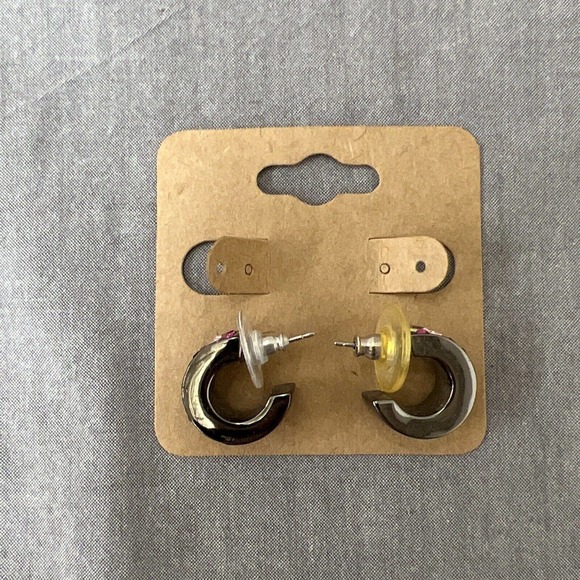 Women Signed Givenchy Earrings, Pewter Tone Rhinestone J Hoop Huggie, Piercing - Picture 2 of 9